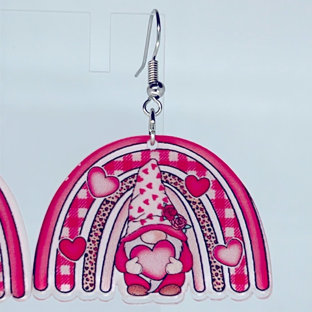 Pink Acrylic Gnome Rainbow Dangle Earrings Fashion Jewelry - Picture 3 of 4